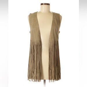 Lamarque Sonia S 100% Leather Suede Fringe Vest in Taupe XS